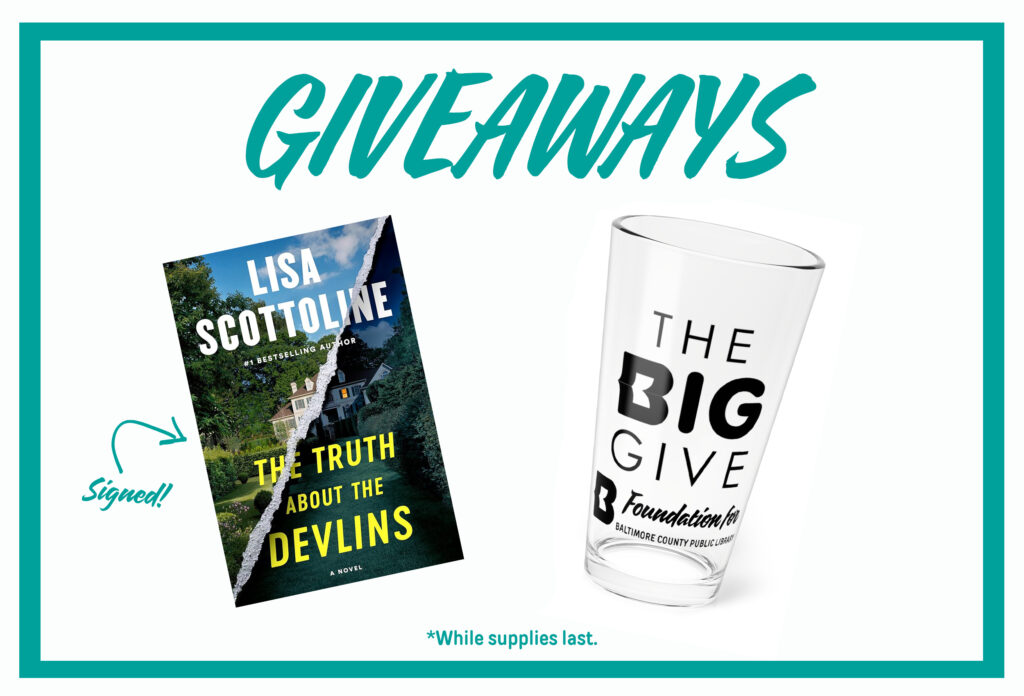 Image: Photo of the giveaways at Brews for the BIG Give, which include signed copies of Lisa Scottoline's The Truth About the Devlins and pint glasses with the BIG Give logo, while supplies last.